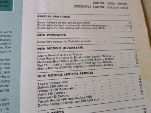 S.A. CAR MAGAZINE JUNE 1971 ( VW BEETLE , CITROEN DS-20 , TRIUMPH 2000 , DATSUN 1500 PICK-UP )