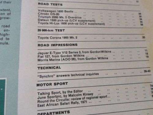 S.A. CAR MAGAZINE JUNE 1971 ( VW BEETLE , CITROEN DS-20 , TRIUMPH 2000 , DATSUN 1500 PICK-UP )