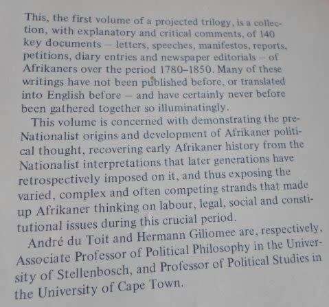 AFRIKANER POLITICAL THOUGHT : ANALYSIS & DOCUMENTS VOLUME ONE 1780 - 1850 - ANDRE DU TOIT & ...