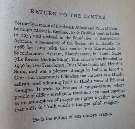 RETURN TO THE CENTRE -  BEDE GRIFFITHS