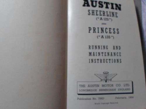 AUSTIN SHEERLINE A125 AND AUSTIN PRINCESS A135 - RUNNING AND MAINTENANCE INSTRUCTIONS 1954