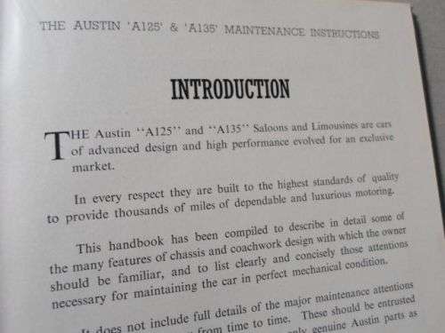 AUSTIN SHEERLINE A125 AND AUSTIN PRINCESS A135 - RUNNING AND MAINTENANCE INSTRUCTIONS 1954