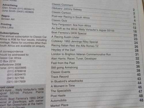 CLASSIC CAR AFRICA MAGAZINE FOURTH QUARTER 1995 ( GSM DART , DKW ) weight 0,20 kg