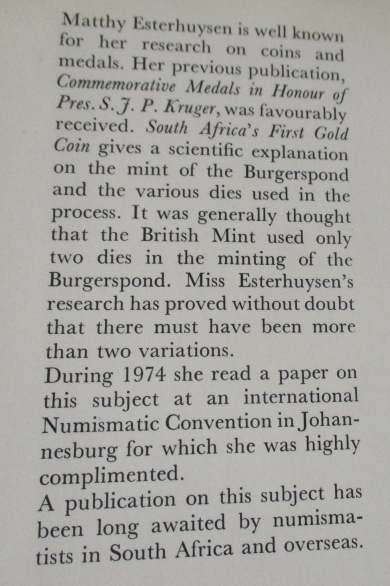 SOUTH AFRICA'S FIRST GOLD COIN - RESEARCH ON THE BURGERS DIES AND BURGERSPOND 1874 - MATTHY EST...