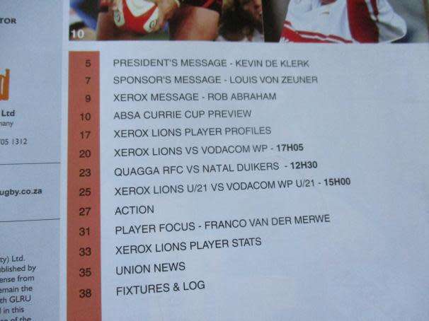 LIONS vs WP 10 OCTOBER 2008  - RUGBY PROGRAMME