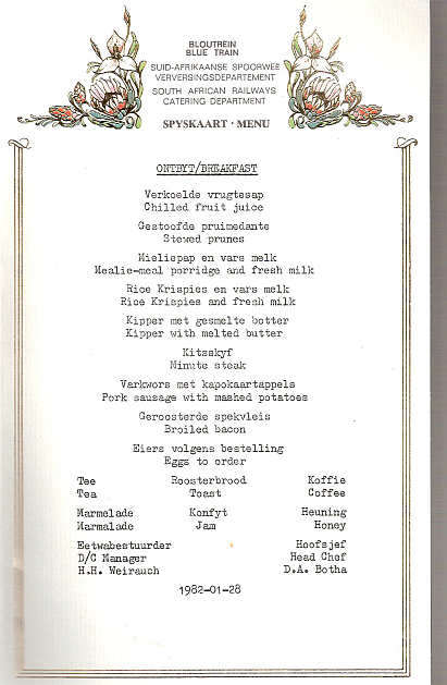 S.A. BLUE TRAIN MENU - BREAKFAST