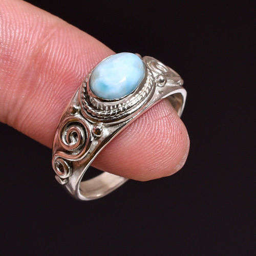 HANDCRAFTED NATURAL DOMINICAN REPUBLIC LARIMAR GEMSTONE RING IN SOLID 925 STERLING SILVER SETTING