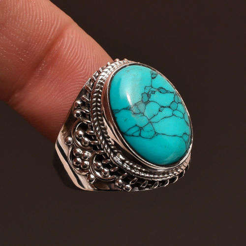 HANDCRAFTED NATURAL TIBETAN TURQUOISE GEMSTONE RING SET IN SOLID 925 STERLING SILVER SETTING