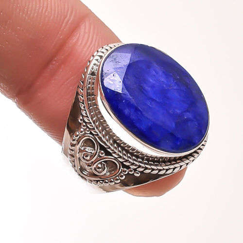 HANDMADE NATURAL BLUE SAPPHIRE GEMSTONE RING IN 925 STERLING SILVER SETTING