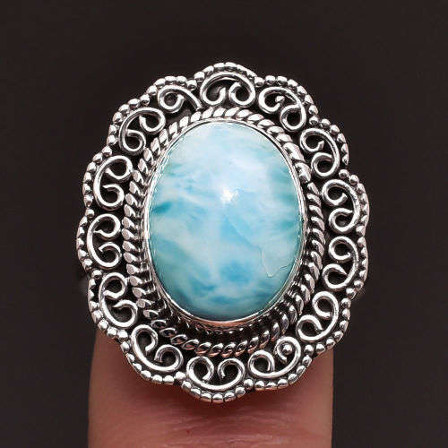 HANDCRAFTED NATURAL DOMINICAN LARIMAR GEMSTONE RING IN 925 STERLING SILVER SETTING