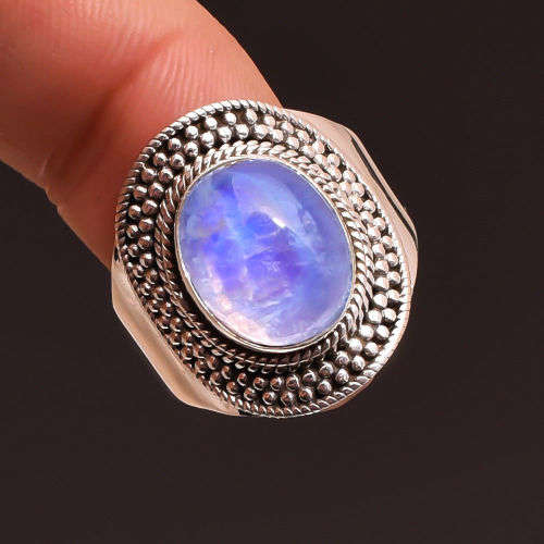 HANDCRAFTED NATURAL RAINBOW MOONSTONE GEMSTONE RING IN 925 STERLING SILVER SETTING