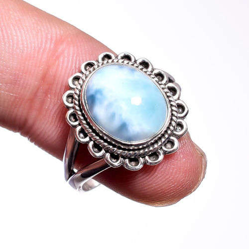 HANDCRAFTED NATURAL DOMINICAN LARIMAR GEMSTONE RING IN 925 STERLING SILVER SETTING