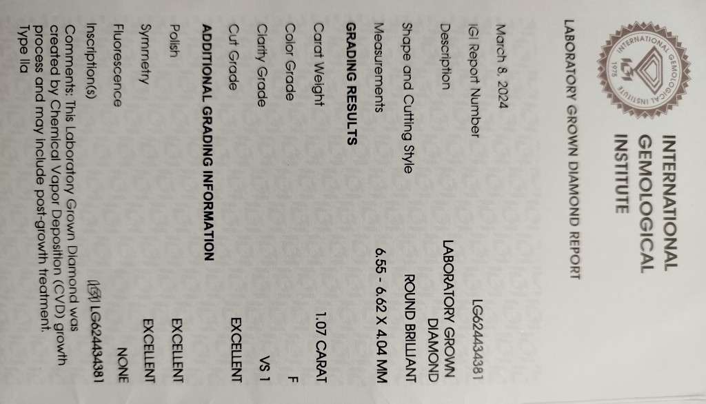 IGI Certified 1.07 Lab Grown Diamond Ring in 14K Solid White Gold Setting