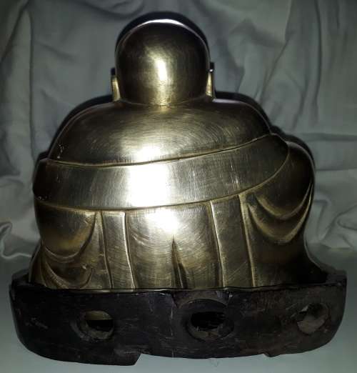 1940s Large Heritage Vintage Yellow Copper Laughing Buddha on Embuya Stand