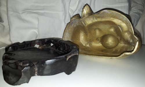 1940s Large Heritage Vintage Yellow Copper Laughing Buddha on Embuya Stand