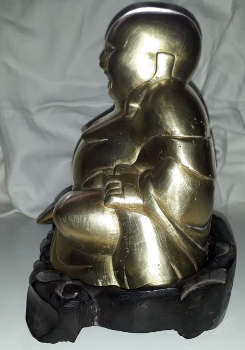 1940s Large Heritage Vintage Yellow Copper Laughing Buddha on Embuya Stand