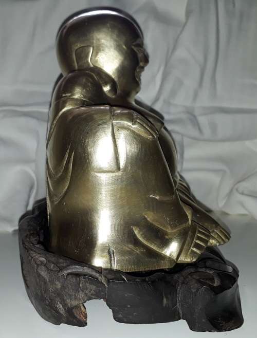 1940s Large Heritage Vintage Yellow Copper Laughing Buddha on Embuya Stand