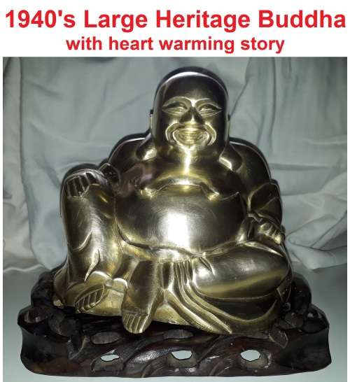 1940s Large Heritage Vintage Yellow Copper Laughing Buddha on Embuya Stand