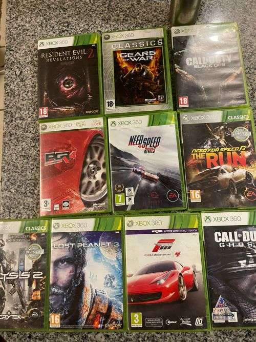 X BOX 360 E 250GB WITH 2 CONTROLLERS and 10 GAMES