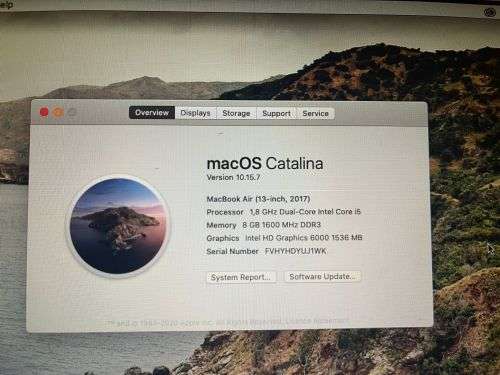 Apple MacBook Air 13` 2017 model, Intel i5@1.8GHz, 8Gb RAM, macOS Catalina