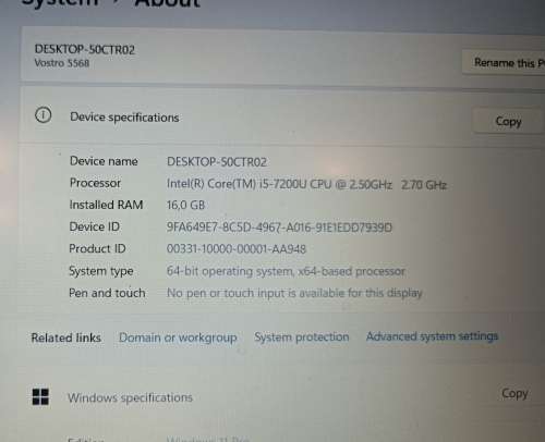 Dell Vostro 15-5568 , Intel i5-7200U, 16GB RAM, Intel HD Graphics, 15.6` FHD display, 256GB SSD