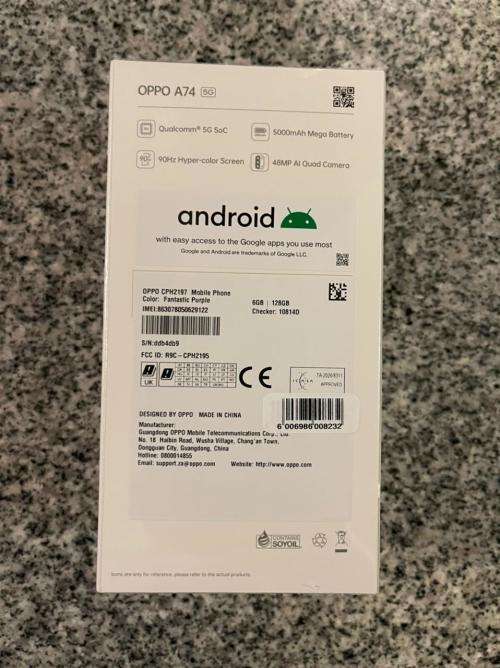 OPPO  [  CPH2197 ] A74 5G 6GB RAM 128 GB MEMORY  FANTASTIC PURPLE SINGLE SIM NEW SEALED