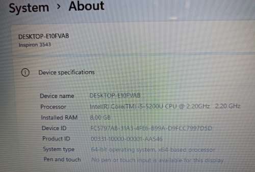 Dell Inspiron 15 3543, Nvidia 820M 2Gb graphics, Intel i5-5200U@2.2GHz, 8GB Memory, 480GB SSD