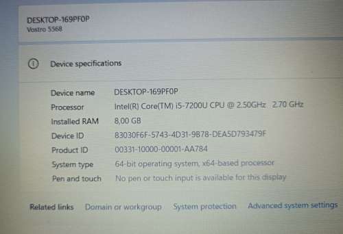 Dell Vostro 5568, Intel i5-7200U@2.5GHz, 8Gb memory, 256Gb M.2 SSD, Intel HD620 graphics, 15.6` FHD