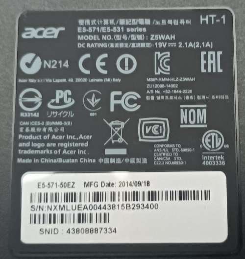 Acer E5-571-50EZ  Laptop, Intel i5-4210U@1.7GHz(Turbo to 2.7), 8Gb RAM, 250GB Samsung EVO SSD