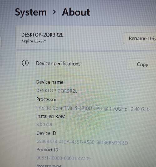Acer E5-571-50EZ  Laptop, Intel i5-4210U@1.7GHz(Turbo to 2.7), 8Gb RAM, 250GB Samsung EVO SSD
