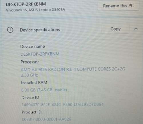 Mint condition Asus VivoBook X540BA, AMD A4-9125 Processor, Radeon R3 Graphics, 8GB RAM, 120GB SSD