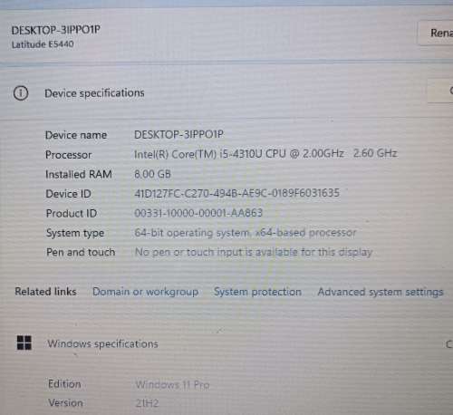 Dell Latitude E5440, i5-4310U@2GHz (turbo to 2.6GHz), 8GB Memory, 120GB SSD, Windows 11 Pro
