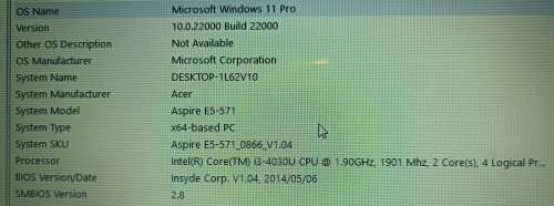 Acer Aspire E15 E571-334K, Intel i3-4030U@1.9GHz, 8GB RAM, 120GFB Samsung SSD, Windows 11