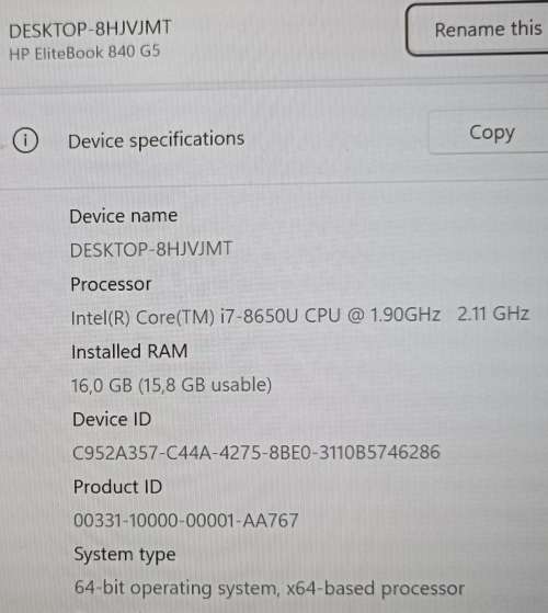 HP EliteBook 840 G5, Intel i7-8650U 8th gen processor, 16Gb Memory, 256GB M.2 Micron SSD, Windows 11