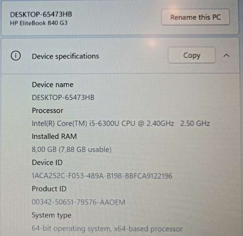 HP EliteBook 840 G3, Intel i5-6300U@2.4GHz, 8GB Memory, Samsung M.2 256GB SSD, Windows 11