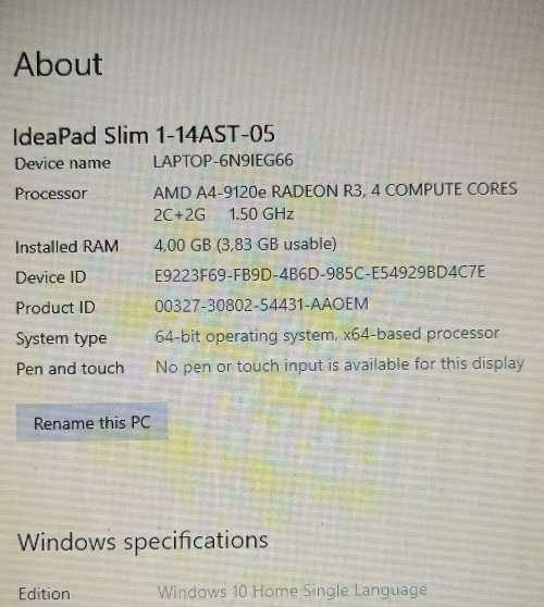 Lenovo IdeaPad Slim 1-14AST-05, A4-9120e processor@2.2GHz, Radeon R3 graphics, 4GB Memory, 64GB eMMC