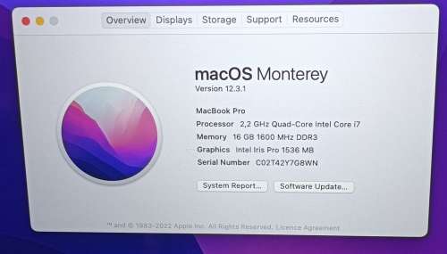 Apple MacBook Pro A1398 15-Inch Retina Display, Core i7@2.2GHz, 16GB Memory, 256GB SSD