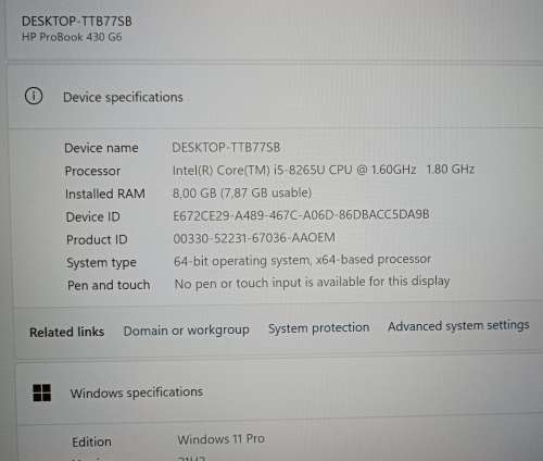 HP ProBook 430 G6, Intel i5-8265U 8th Gen processor@1.8GHz, 8GB RAM, 256GB M.2 SSD, Windows 11