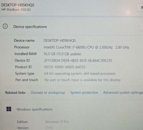 HP EliteBook 850 G3, Intel i7-6600U@2.6GHz, 16GB RAM, Intel M.2 256GB SSD, 1Tb HDD, Windows 11