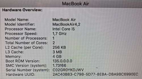 Apple MacBook Air `Core i5` 1.7 13` (Mid-2011), 4GB Memory, 250GB SSD, MacOS High Sierra