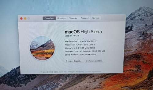 Apple MacBook Air `Core i5` 1.7 13` (Mid-2011), 4GB Memory, 250GB SSD, MacOS High Sierra