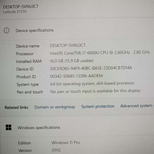 Dell Latitude 7270, 12.5` FHD, Intel i7-6600U@2.6GHz, 16GB Memory, 256GB Micron M.2 SSD, Windows 11