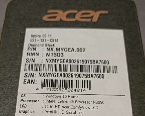 Acer Aspire ES 11 ES1-131, Intel Celeron N3050@ 1.6GHz, 4GB Memory,32GB SSD, 11.6` HD ComfyView
