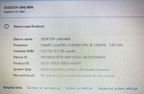 Dell Inspiron 15-3567, Intel i3-6006U@2GHz, 12GB Memory, Windows 11 Pro, 500GB HDD
