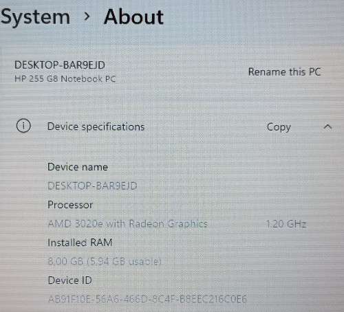 Mint HP 255 G8, AMD 3020e with Radeon Graphics, 8GB RAM, 480GB SSD, 15.6` 1366x768 LED display