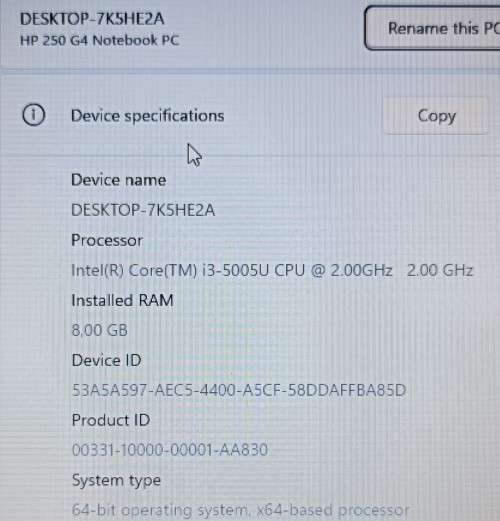 HP 250 G4, 15.6` Display, Intel i3-5005U@2GHz, 8GB Memory, 250GB Crucial SSD, Windows 11 Pro