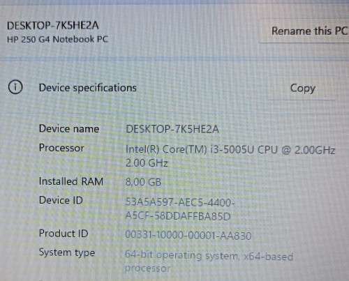 HP 250 G4, 15.6` Display, Intel i3-5005U@2GHz, 8GB Memory, 250GB Crucial SSD, Windows 11 Pro