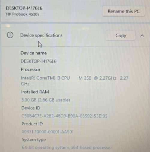 HP ProBook 4520s, 15.6` display,  Intel i3-M350@2.27GHz, 3GB Memory, 300GB HDD, Windows 11Pro