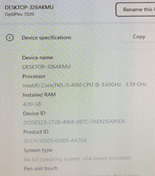 Dell OptiPlex 7020, Intel Core i3-4160@3.6GHz, 4GB Memory, 500GB HDD, Windows 11 Professional
