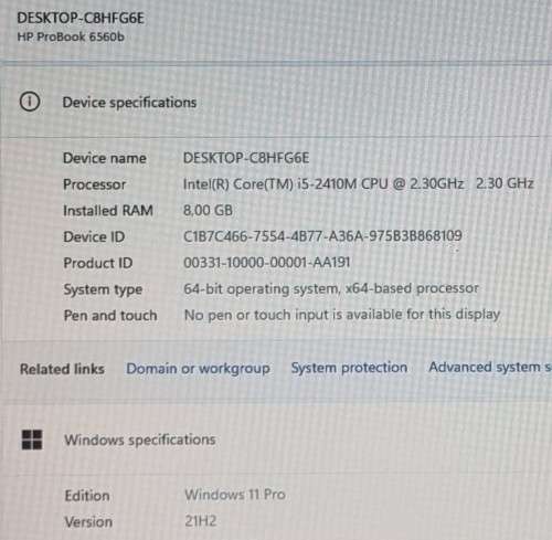 HP ProBook 6560b 15.6` display, Intel i5-2410M@2.3GHz, 8GB Memory, 500GB Hdd, Windows 11 Pro